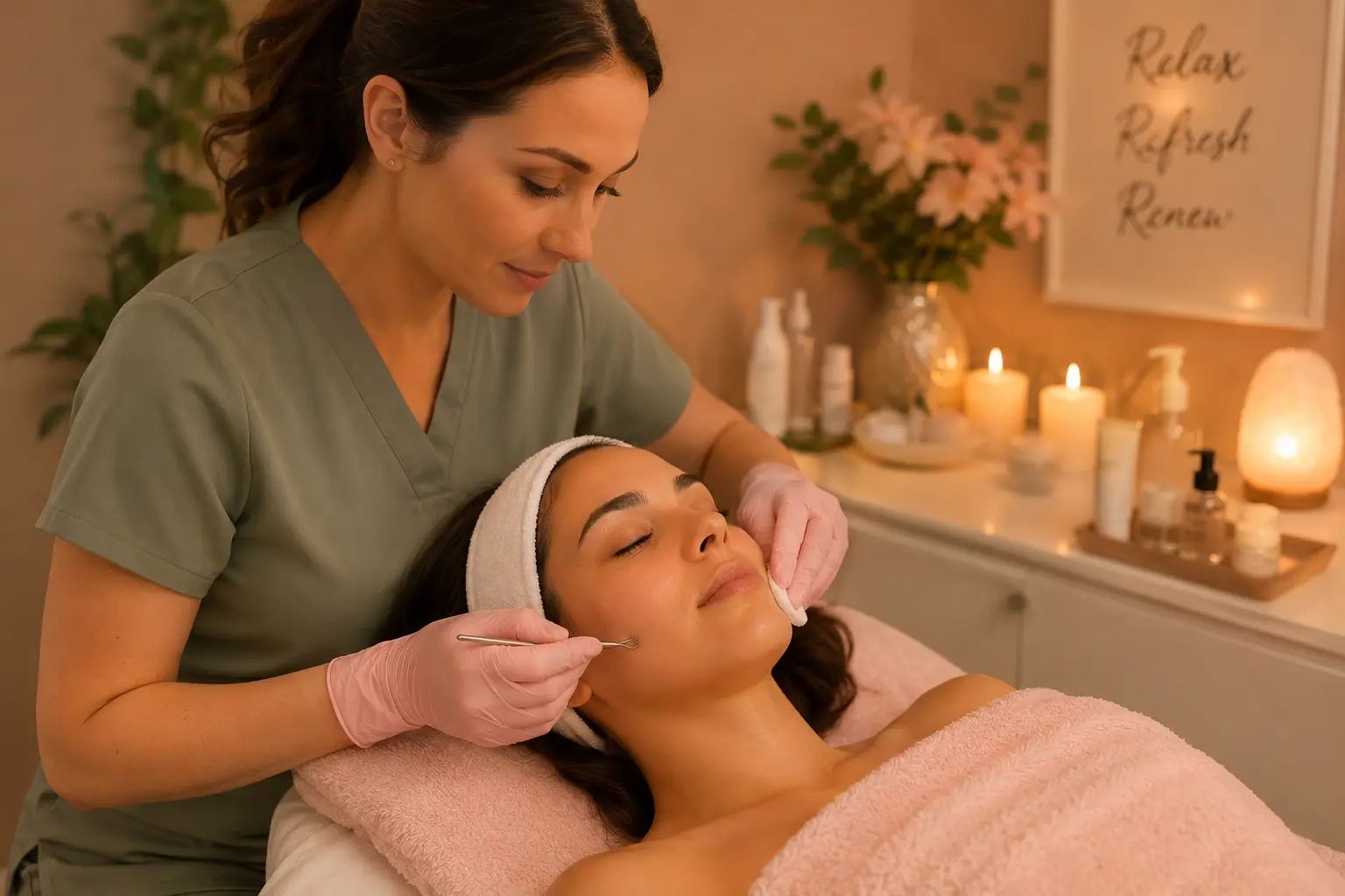 Licensed esthetician performing acne facial treatment in Warren MI spa
